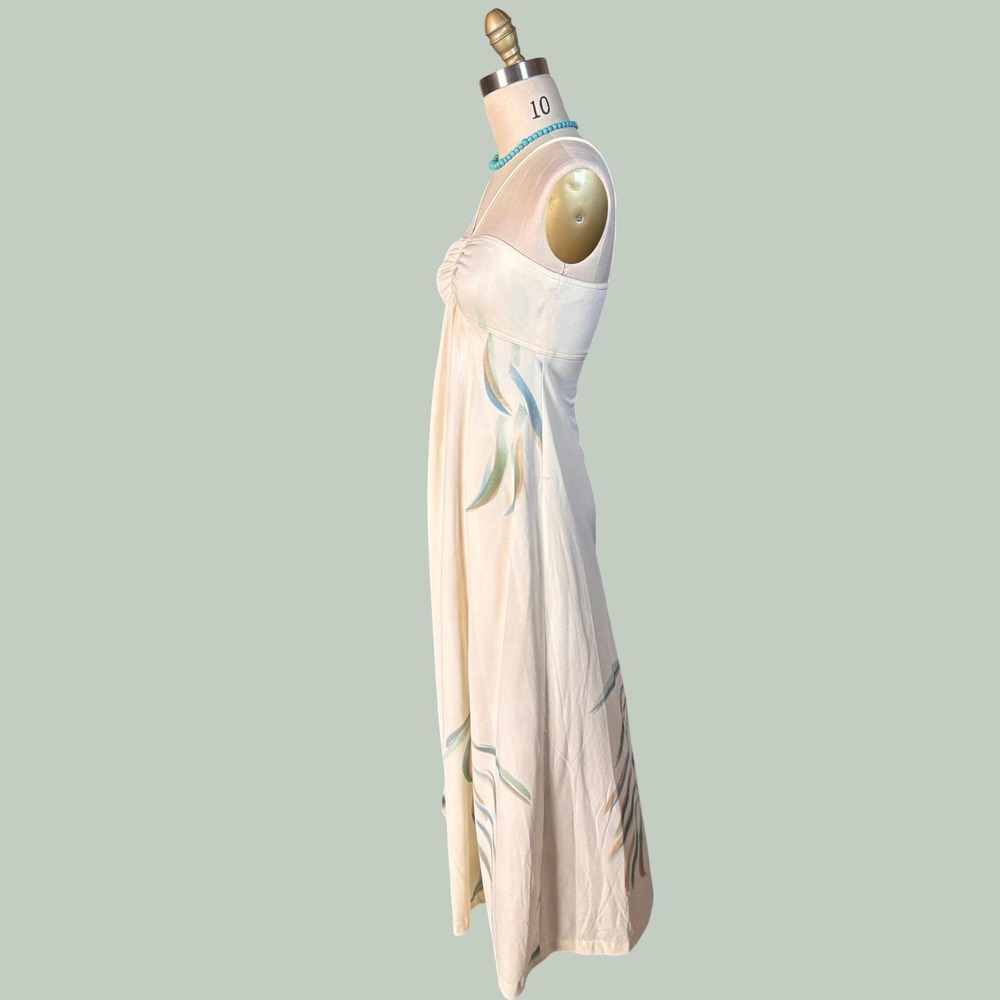 Boho Empire Waist Rare Maxi Dress Abstract Leaf Print S Cream Vintage - Picture 5 of 10